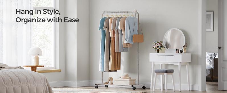 SONGMICS HOME Rolling Steel Clothes Rack with Wheels，25.4 mm Metal Garment Rack with Dense Mesh Storage  Shelves