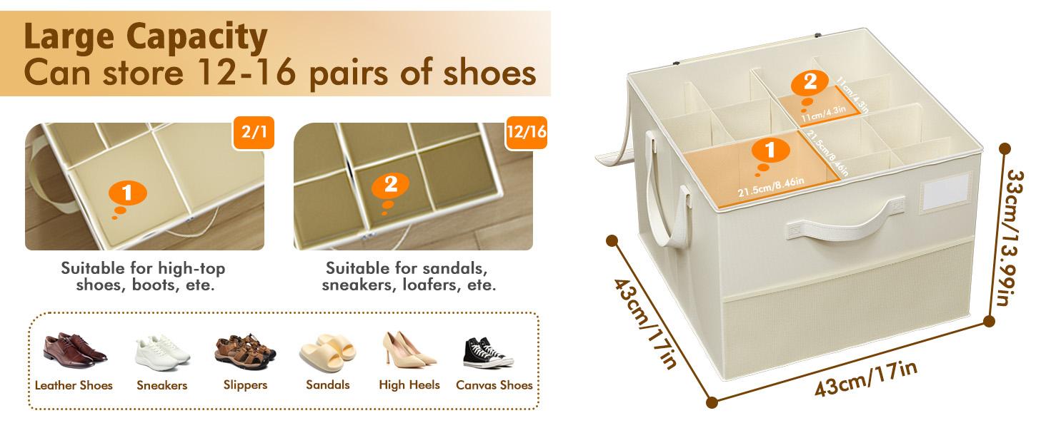 Foldable Shoe Organizer for Closet with Clear Cover, Large Stackable Shoe Storage Box with Adjustable Dividers, Space Saving Sneaker Storage Container for Sneakers, Boots, Heels & Slippers (White/Grey)