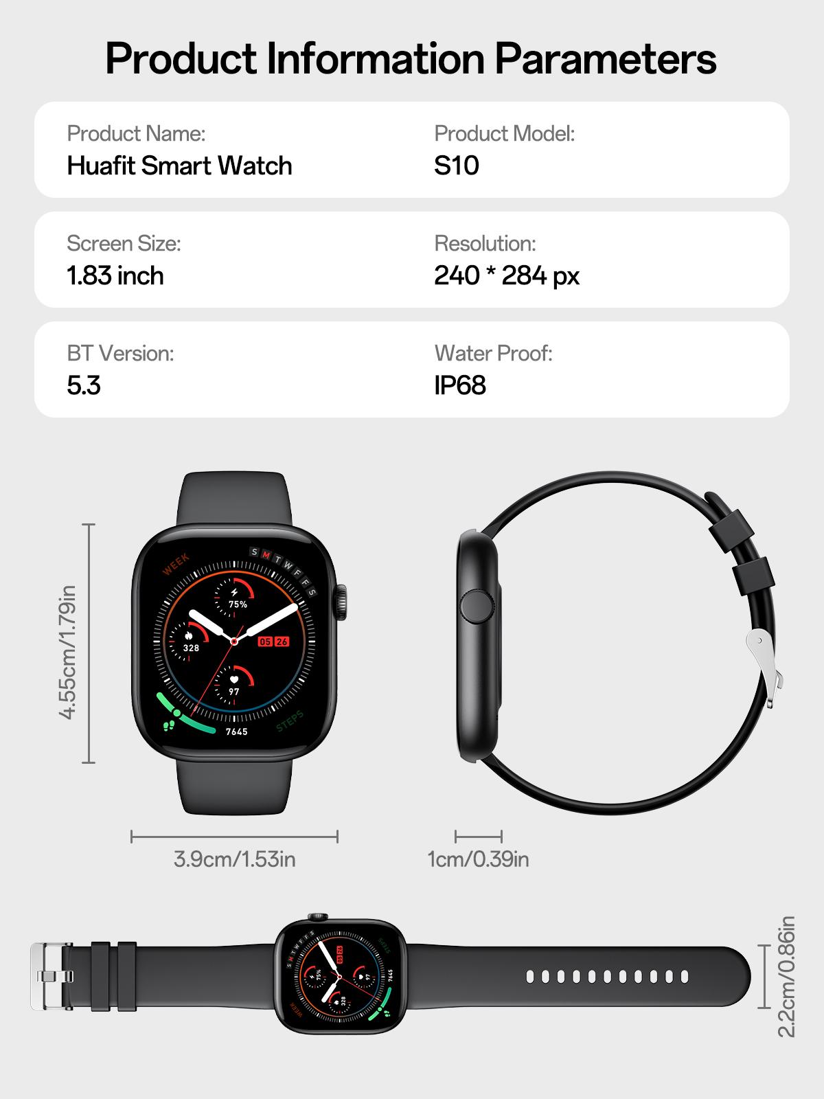 Aolon Huafit S10 smartwatch — a Valentine’s Day gift with a 1.83" borderless IPS display, Bluetooth calling, 23+ sports modes, message reminders, IP68 waterproof, compatible with Android & iPhone, for Women & Men