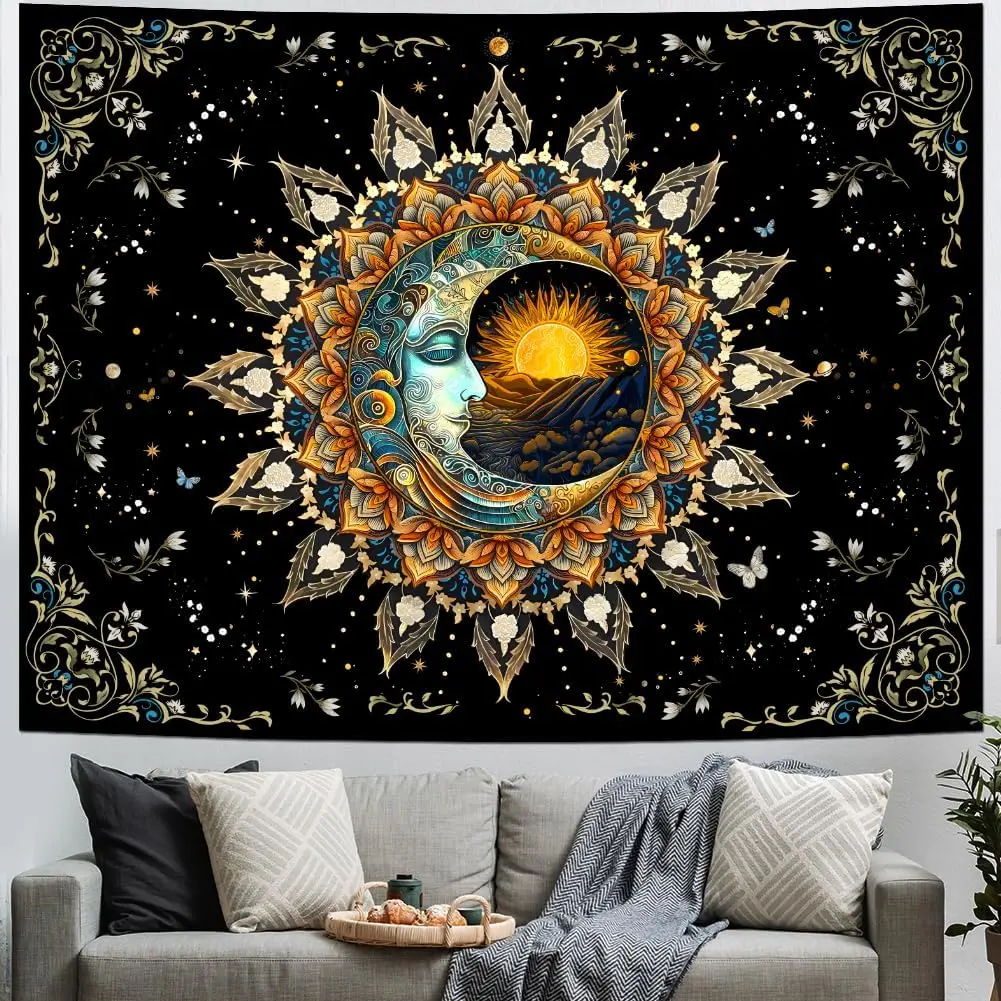 Moon and Sun Tapestry Spiritual Mandala Tapestry Black Flower Plant Tapestry Hippie Boho Tapestry Vintage Aesthetic Tapestry Wall Hanging Decor for Home Tapestry