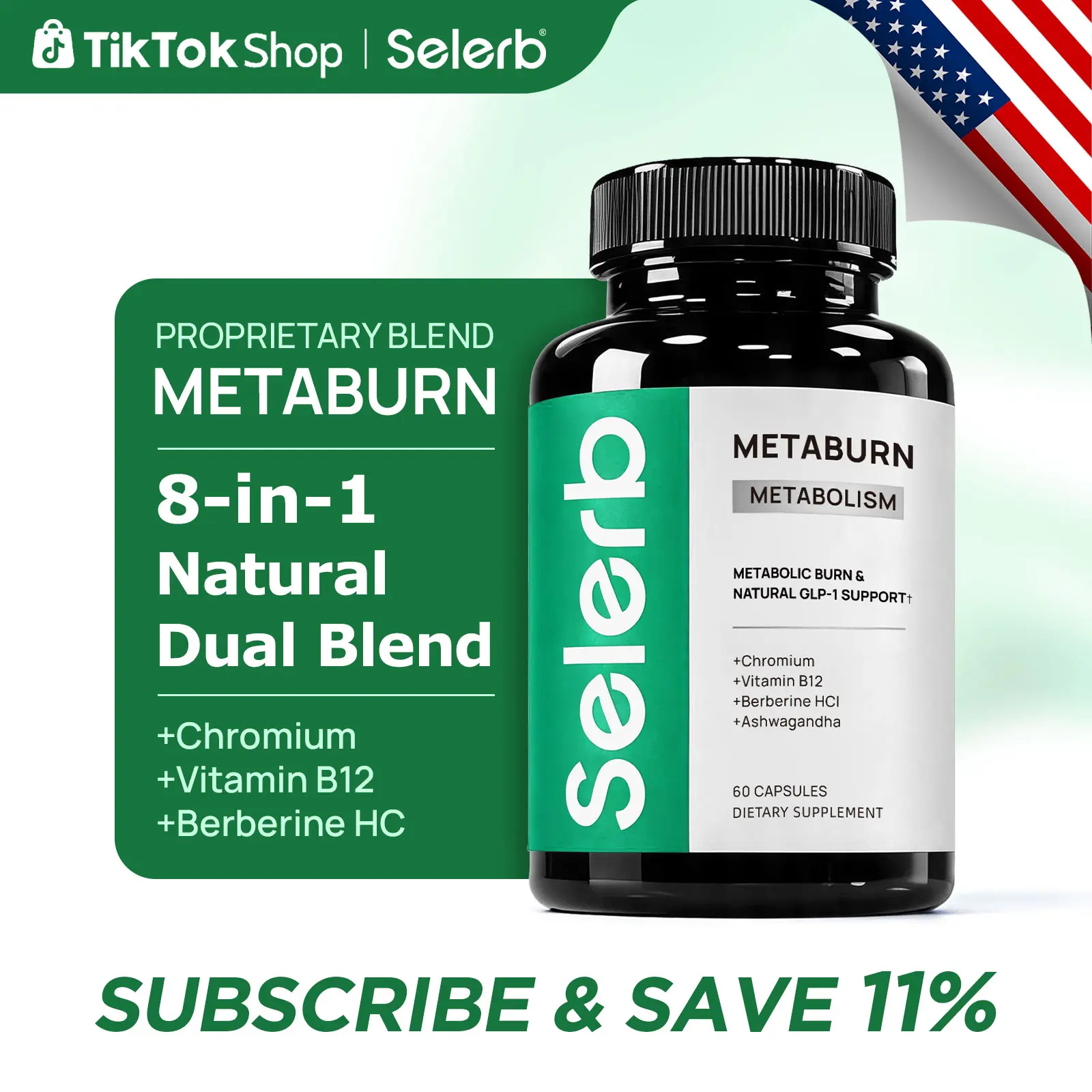 Selerb Metaburn for Daily Nutrient Support – With Chromium, Vitamin B12 & Berberine HCI – 60 Capsules High Potency Supplement Lean Muscle Booster  Healthy Gut Probiotics Digestive Wellness Bundle Digestive Detox