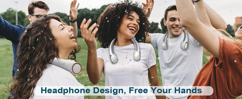 A neck fan suitable for sports, equipped with rechargeable bladeless cooling technology, with a battery life of up to 8 hours - the hands-free design provides cooling effect when you are moving, traveling or engaging in outdoor activities.