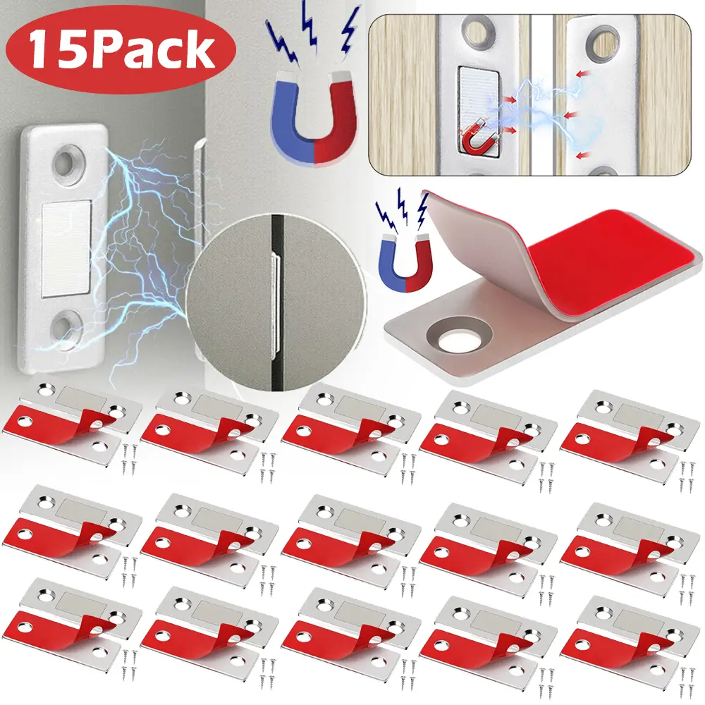 15-Pound per Magnet Ultra Thin Stainless Steel Magnetic Door Catch, Iron Furniture Hardware, Easy to Install, Prevents Surface Damage for Kitchen Cabinets, Drawers, 15 Pounds Per Magnet