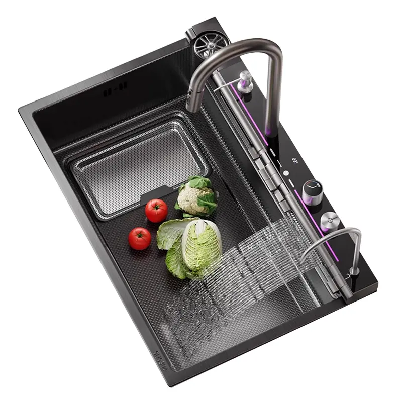 Stainless Steel Smart Digital Display Kitchen Sink Combo with Waterfall Rinse - Contemporary All-in-1 Kitchen Fixture for Homeowners, Integrated Washing Station Sink Unit Station Basin