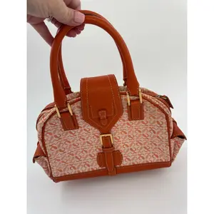 Pre-owned Loewe Canvas Shoulder Bags Orange Anagram and Leather Boston Bag with Gold Tone Hardware and Fabric Lining