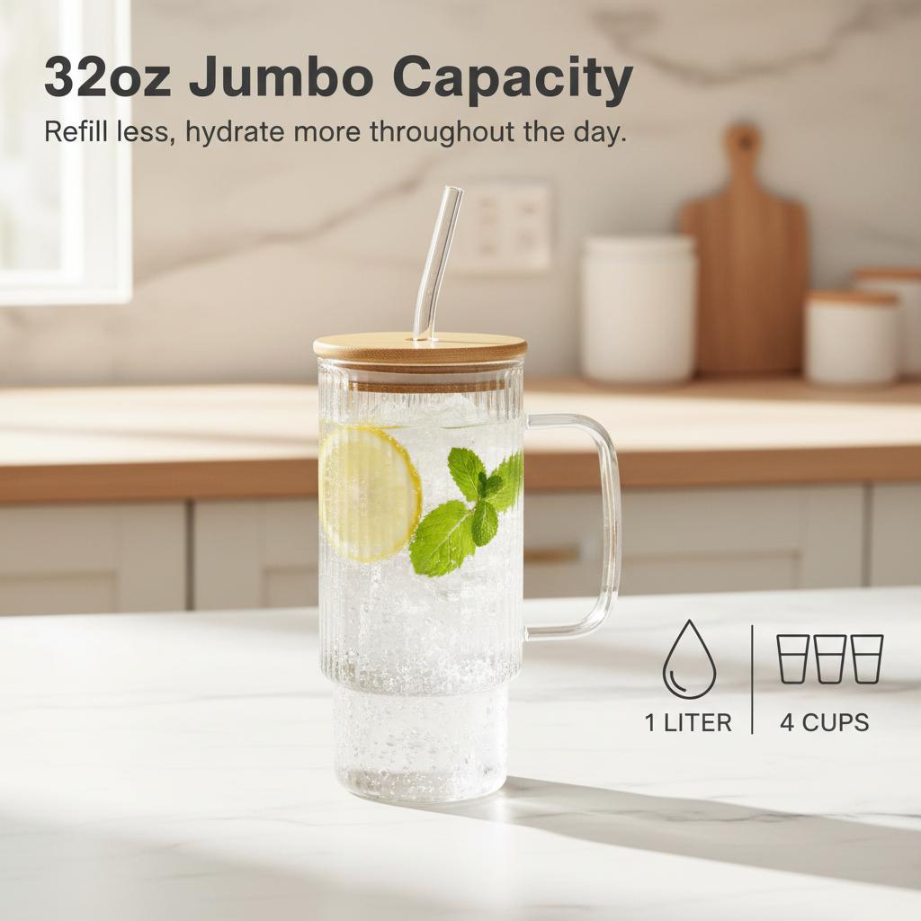 32oz Tumbler with Handle Coffee Cups Glass Straws Glasses Mason Jar Cups Drinking Set Kitchen Essentials Coffee Bar Accessories House Warming Gifts New Home