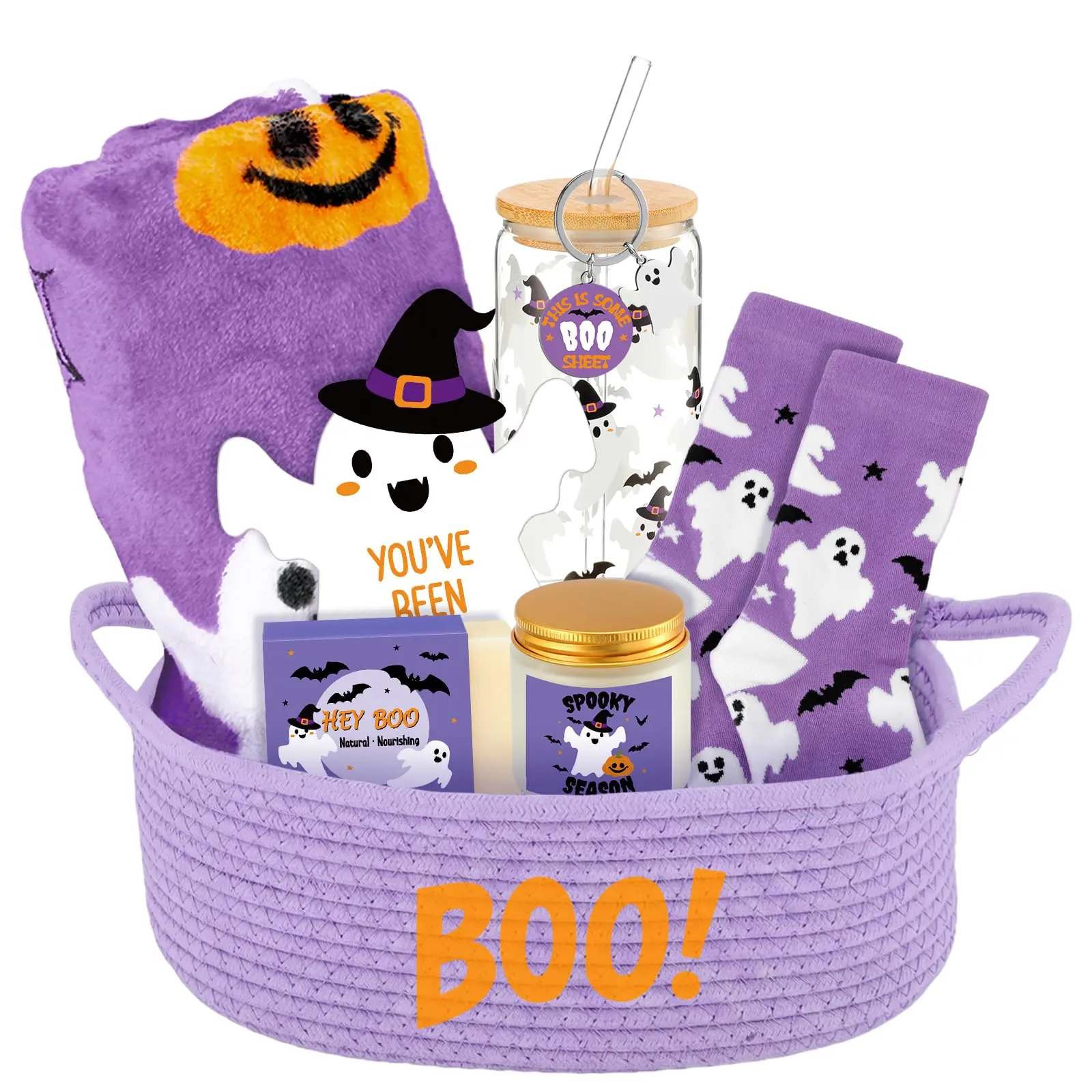 8Pcs Boo Basket Gifts Cute Halloween Boo Basket Halloween Fall Gift Trick Or Treat Gift Boo Basket Stuffers with Ghost Flannel Blanket Glass Tumbler Candle Keychain Novelty Socks,Halloween Spooky Gift Basket for Girlfriend Adult Her Teens Boyfriend Mom