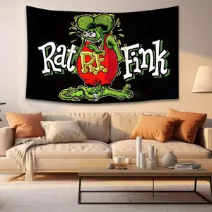 1pc Rat Fink Motorcycle Banner - Vintage Hot Rod Garage Decor with Rat Fink Character - Bold Red and Green Design - Heavy Duty Hanging Flag for Men Cave, Party, Car Event - Easy Hanging Grommet - No Electricity Required - Mid-Century Modern Tapestry Decor