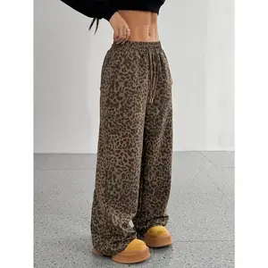 Chic Leopard Print Drawstring Straight-Leg Pants for Women - Casual, Non-Stretch Polyester Blend, Machine Washable - for Spring/Summer/FallGift