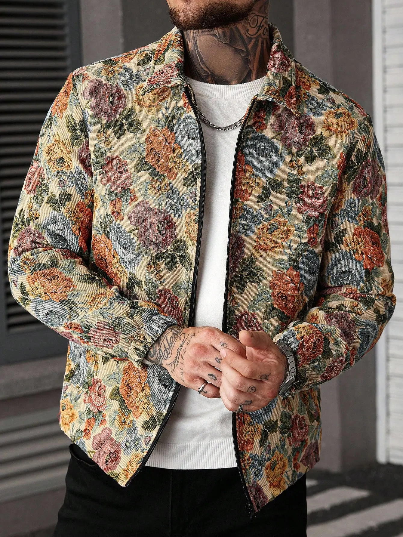 Men's Casual Vintage Jacket - Zip-Up Casual Fashionable Jacket, Long Sleeve Menswear Top with Bold Botanical Tapestry Floral Pattern, Stylish Outerwear, Vintage Style Outerwear, Zipper Coat, Fitted, Waterproof, Fabric, Men's Clothing
