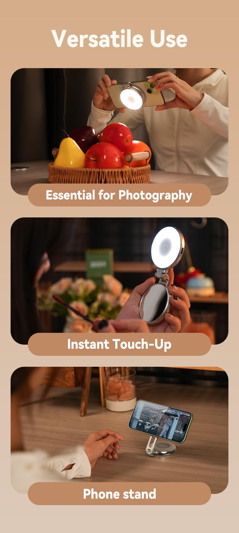 【TikTokShopStockUp】TELESIN 3-in-1 Magnetic Mirror Selfie Light –360° LED Ring Light with MagSafe, Mirror and Phone Stand, Portable Rechargeable Fill Light, 3 Color Temperatures for Makeup, Live Streaming, Video Calls, Gift, Compatible with iPhone 17