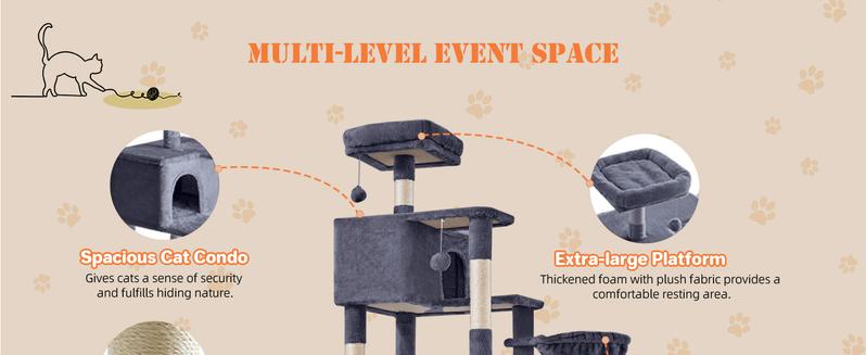 Sweetcrispy Cat Tree with Cat Condo and Big Hammock - 22.44"x13.78"x39.37"H, Faux Fur, Natural Sisal Posts, Hanging Ball, Removable Hammock