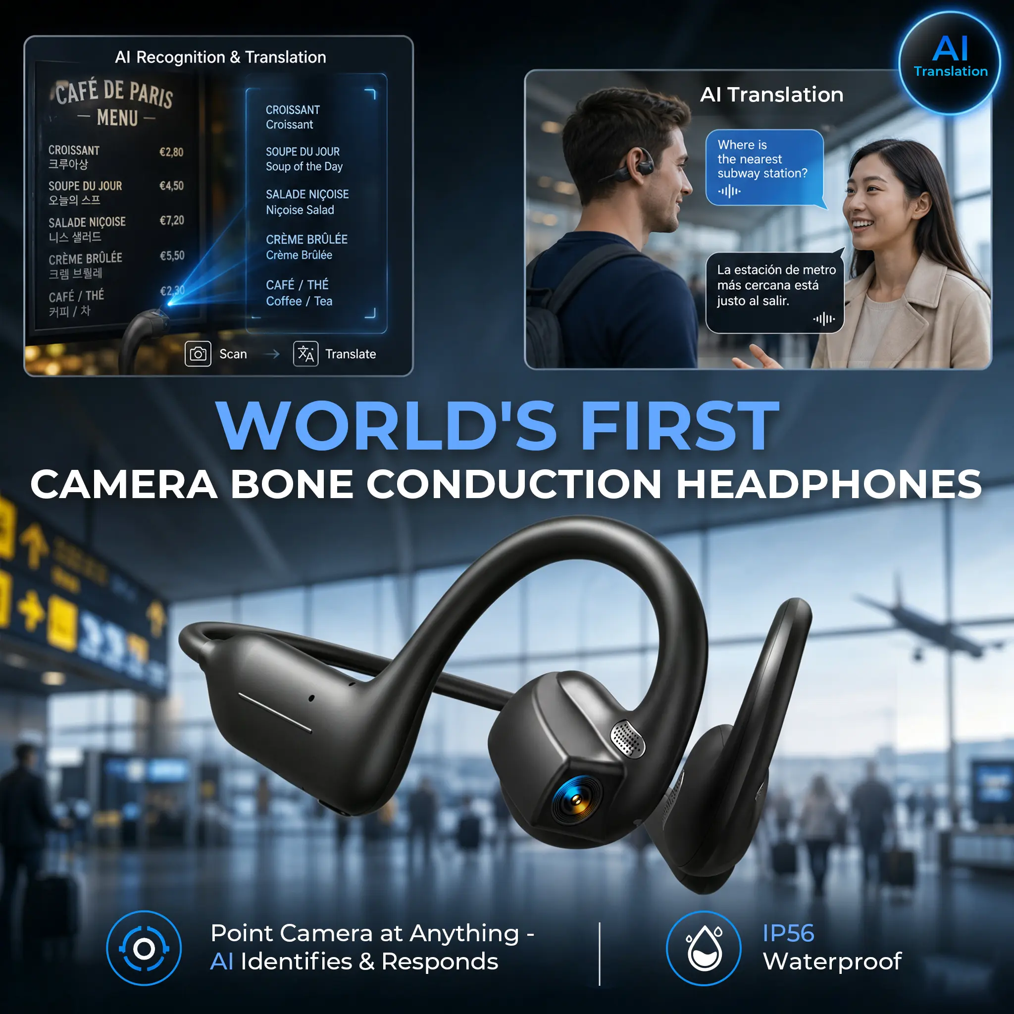 E12 Wearable Bone Conduction Bluetooth Headphones – 8MP EIS Stabilized Video Camera, 160+ Languages Real-Time Translation, Dual Touch & Button Operation, IP54 Water Resistant Open Ear Earphones for Outdoor Cycling, Sports Vlogging, Travel & Daily Calls, B