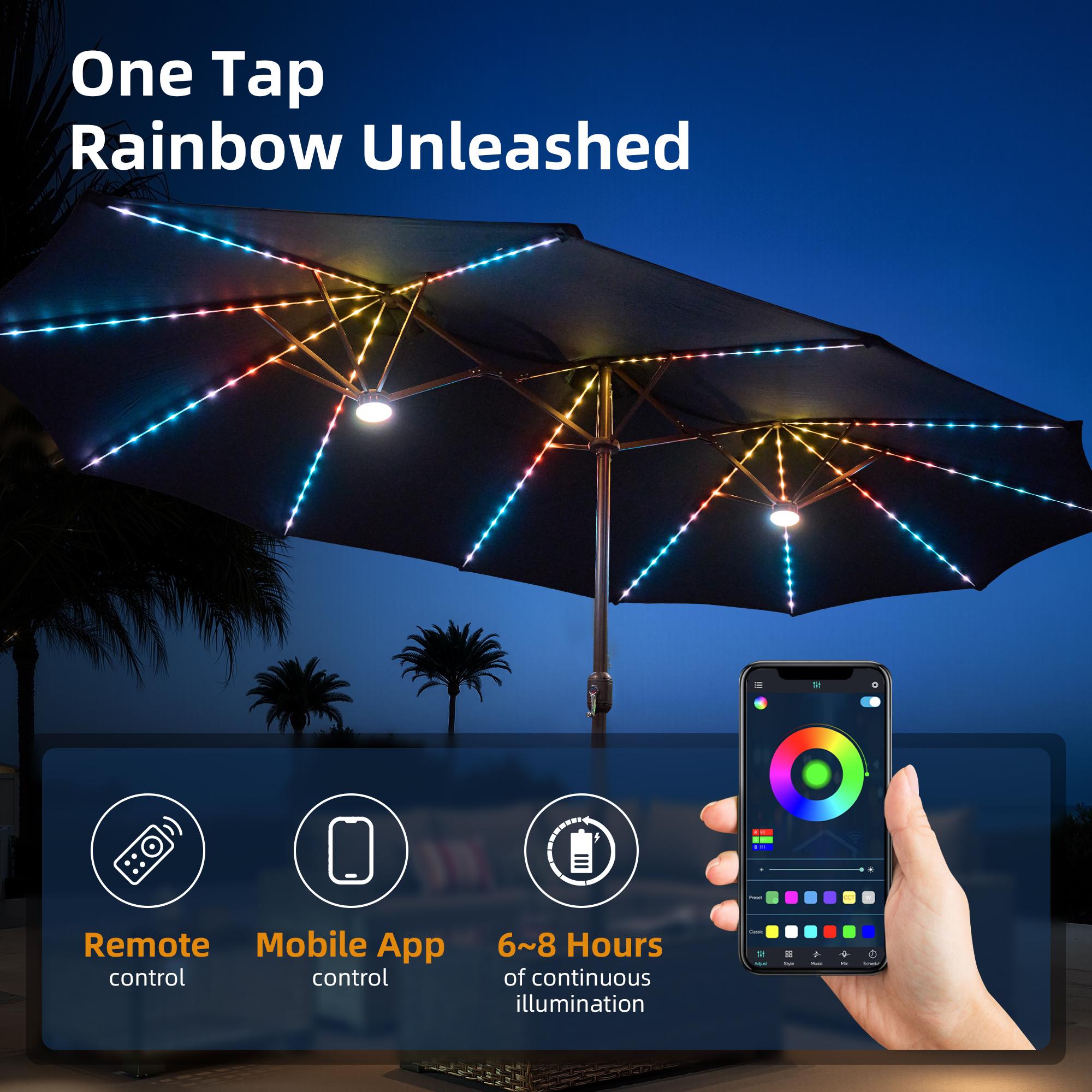 HOOOWOOO 15FT Large Double-Sided Patio Umbrella with Solar Led lights & Base Waterproof Durable Adjustable Lighted for Garden Deck Backyard Pool Beach Canopy Shade