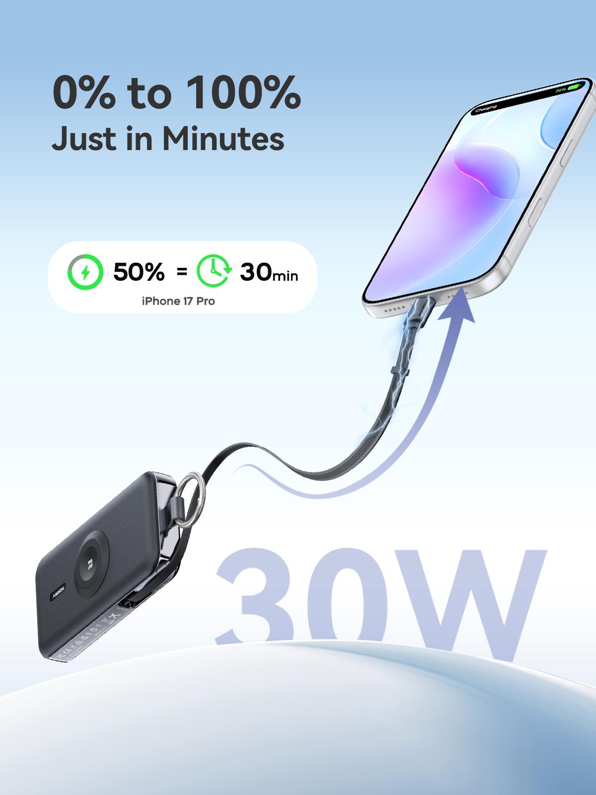 RORRY 12000mAh Power Bank 30W Fast Charging with Built-in Retractable USB C Cable  for  iPhone 17-12 Apple Watch Series iPad Pro Galaxy Android Portable Charger Perfect Gift High Capacity Battery SpringStatements