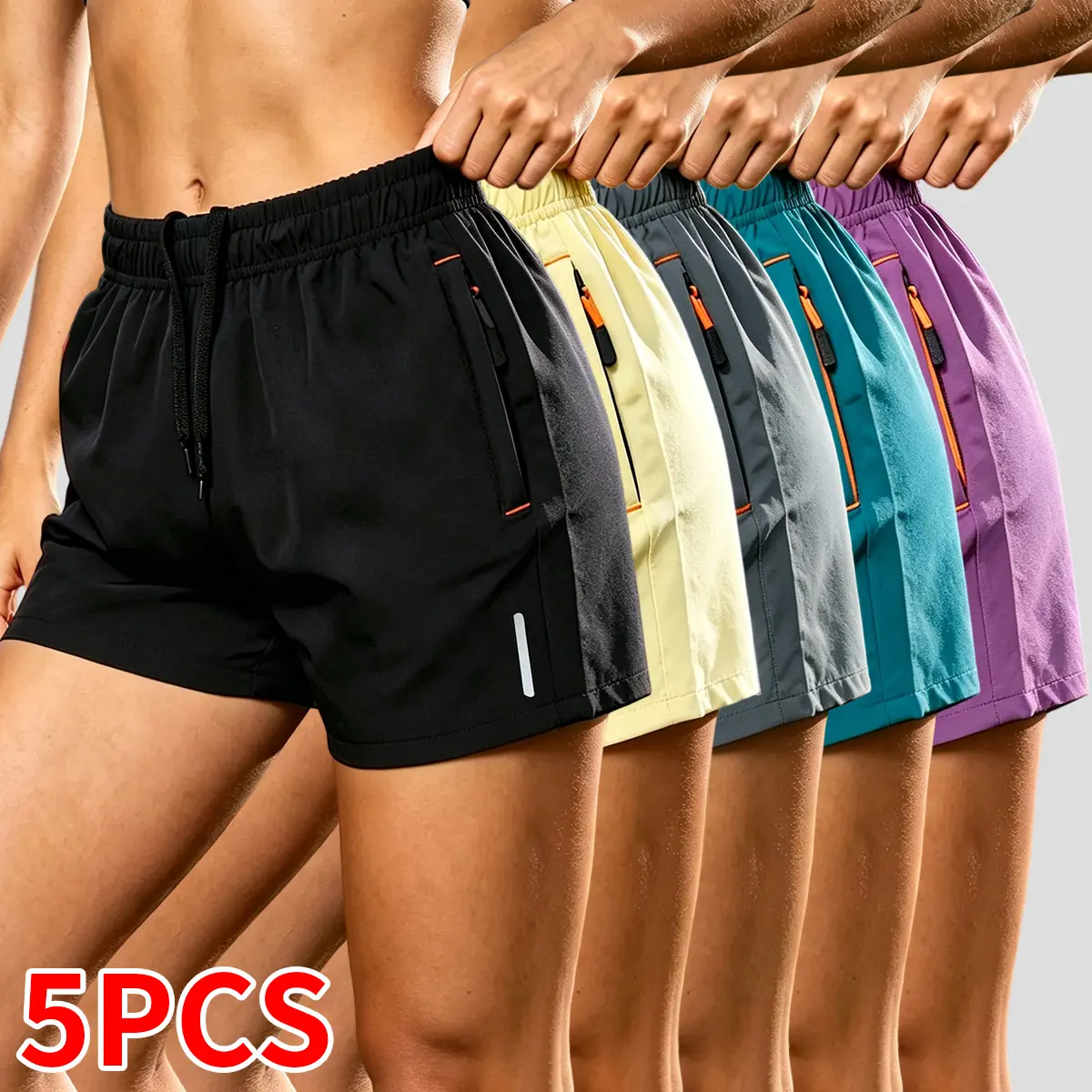 Set of 5 women’s athletic shorts: quick-drying, breathable, solid color, zippered pockets, elastic waistband—ideal for summer workouts, everyday wear at home, and more. Summer women’s shorts, women’s shorts. Summer vibe