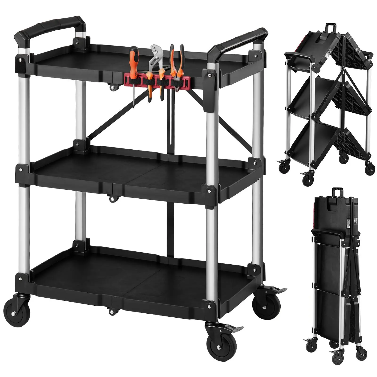 【Summerfinds】VEVOR 360 Rotating Aluminum Alloy Utility Cart, 300 lbs Capacity 3-Tier Folding Synthetic Rectangle Cart with 360° Swivel Wheels (2 with Brakes), Trays, Side Tool Holder, Racks, Expandable, No Assembly Required for Garage, Home Supplies