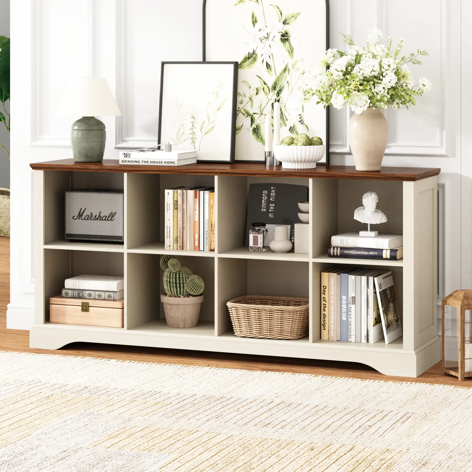 PieDle Furniture 6-8 Cube Storage Organizer - 62" Long Farmhouse Wood Low Bookshelf, Horizontal Open Shelf Bookcase Cubby Storage Console Cabinet for Living Room, Entryway, Office