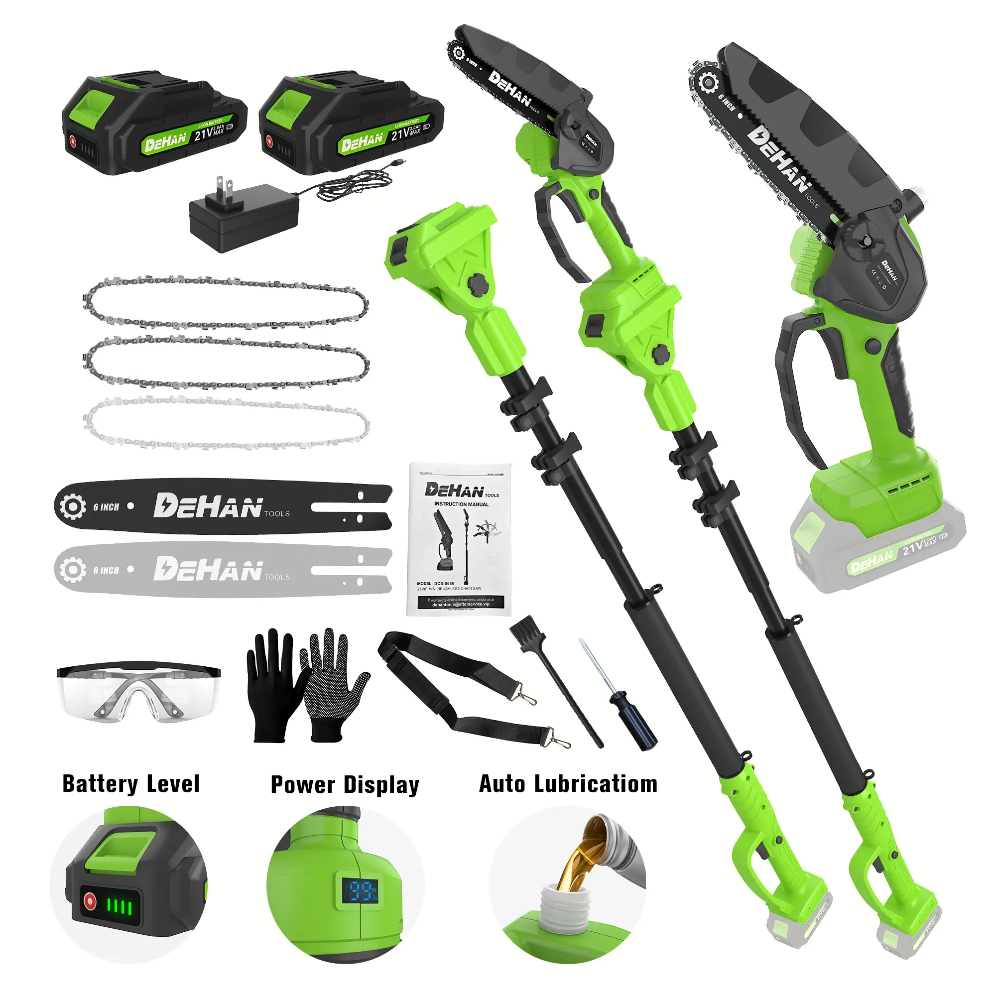 2 in 1 Mini Chainsaw with 2 x 21V Batteries, 6" Brushless Electric Pruner, Telescopic Pruning Saw, Height up to 15ft,Angled Head, Shoulder Strap Power Tools Cutting tiktokshopspringglowup Pole Saw