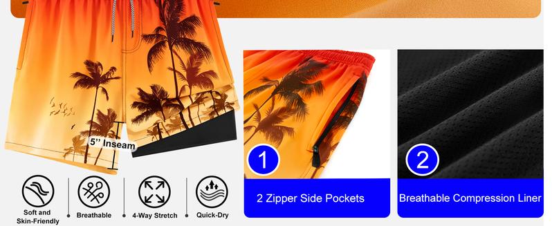 APTRO Mens Swim Trunks with Compression Liner 5 Inch Board Shorts 2 in 1 Swimwear Zipper Pockets Quick Dry 100% Polyester for All-Day Comfort Activewear