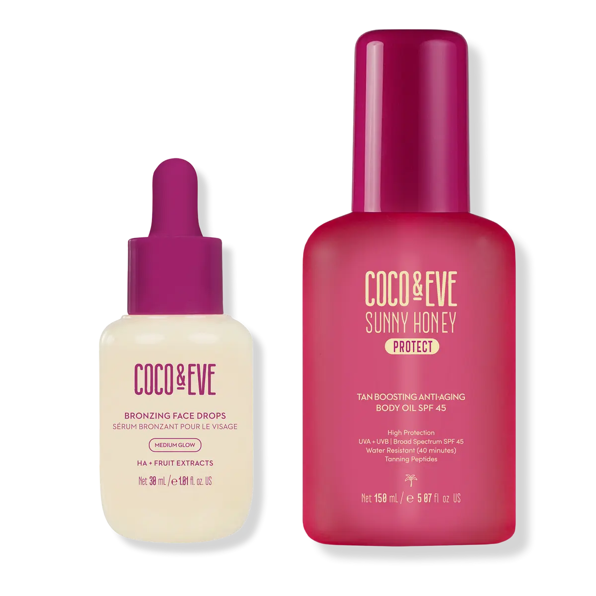 Coco & Eve Bronzing Set: Medium Glow Face Drops + Anti-Aging Body Oil Spf45