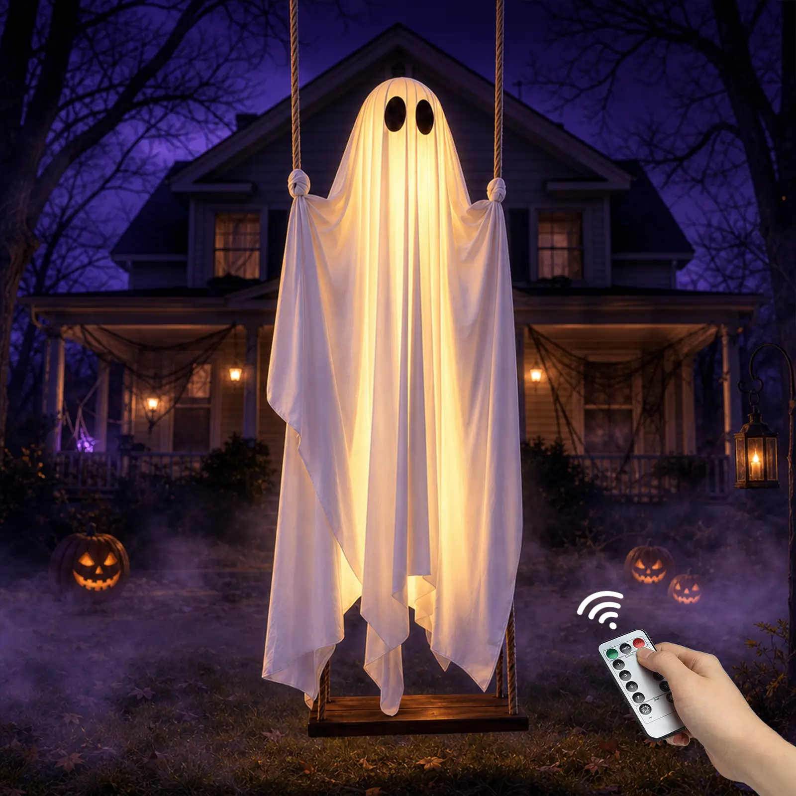 Halloween Decorations Outdoor - 5FT Large Hanging Ghost Swing with Remote Control String Lights, Scary Ghost Halloween Party Decor Outside for Tree Porch Yard Garden Lawn Ornaments halloween   spooky  decor