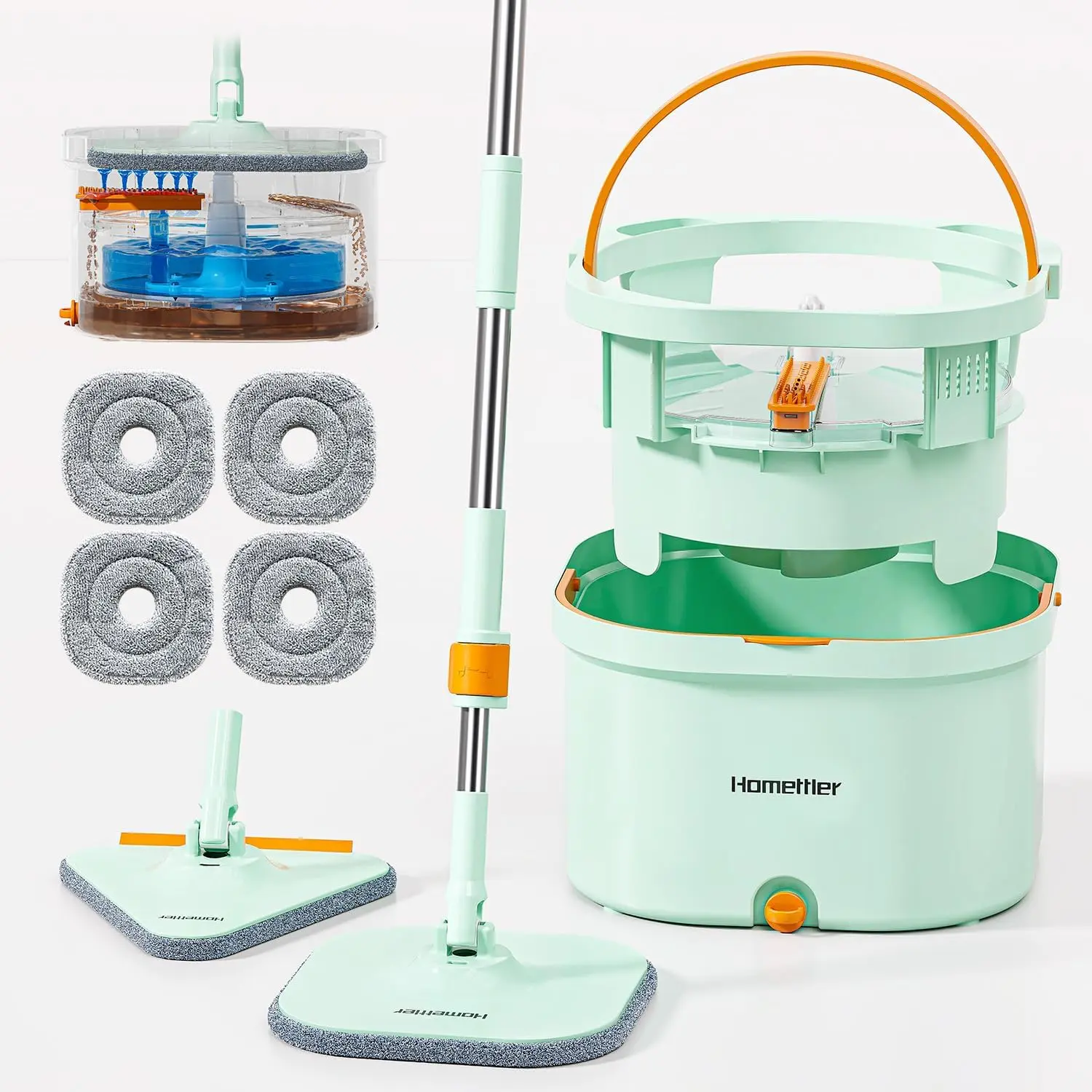 HOMETTLER Dual-Tank Spin Mop and Bucket Set with Handle, 30 to 63 Inches Telescopic Handle, Clean-Dirty Water Separation, 4 Washable Microfiber Pads, Triangular Head for Walls/Corners/Back, Rubber-Stainless Steel Components, Reduces Cross-Contamination