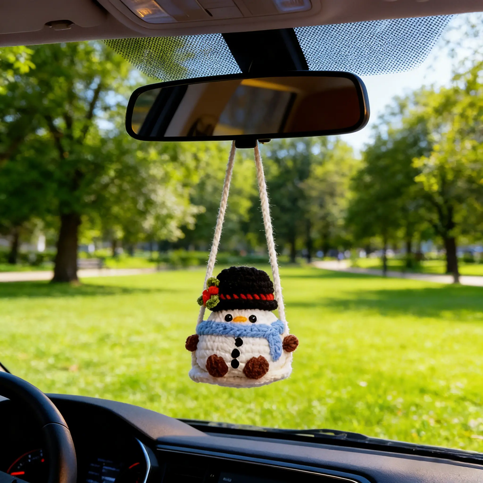 Handmade Amigurumi Crochet Swinging Spring Ornament Set - Cute Car Accessories, Car Interior Decorative Knit Hanging, Rearview Mirror Accessory for Spring Celebration (Santa, Tree, Snowman)