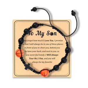 Men’s athletic bracelet made of natural wood beads with a crucifix charm, black woven cord