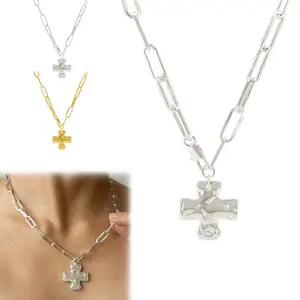 14K Gold/Silver Chunky Cross Necklace for Women Trendy Layered Statement Cross Pendant Charm Necklace Vintage Paperclip Herringbone Snake Choker Chain Costume Jewelry Set Gift