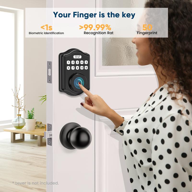 52hz AI Smart Fingerprint Door Lock with Code, Voice Guide, Password lock, Auto Lock, Easy to Install, Black Security-A3