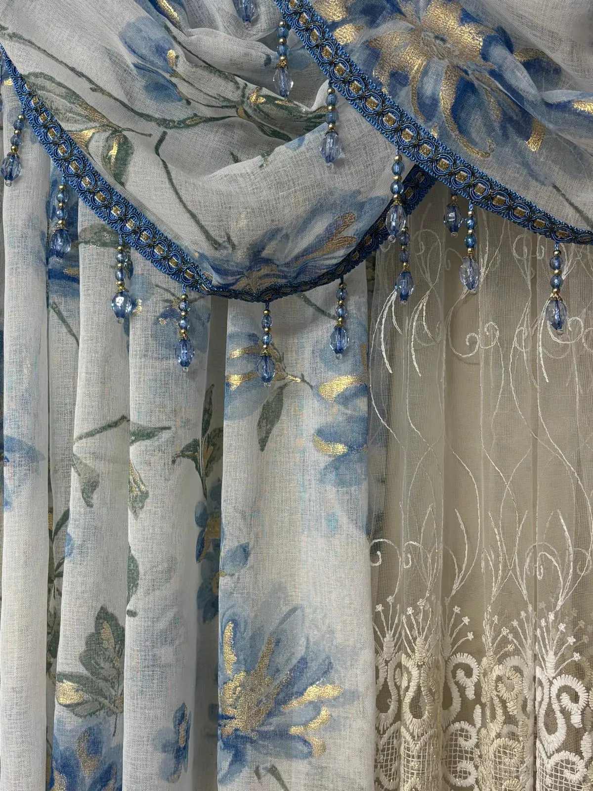 Luxury Anna Blue 6PC Curtain Set With Amy Embroidered Curtain Window Hanging Window Drapes