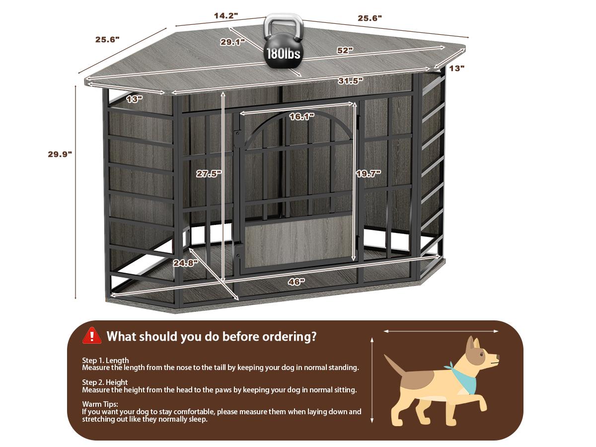 COZPAW 52 Inch Corner Dog Crate Furniture,Wooden Dog Kennel Indoor Furniture End Table,Modern Dog Cage Decorative Pet House TV Stand for Large Medium Dogs,Gray