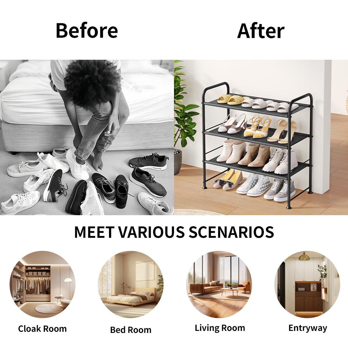 SUOERNUO Adjustable Shoe Rack - 2-5 Tier Steel Organizer! Holds 8-20 pairs of shoes, boots, or sneakers. Non-slip, tool-free assembly, space-saving for small spaces. Durable & easy to clean—perfect for homes, dorms, or offices