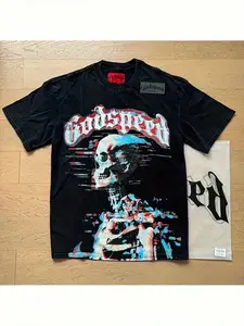 [HOT Men's Black Retro Gothic Skull Pattern T-Shirt] - Red GODSPEED Heavy Digital Print Cotton Short Sleeve Shirt - Casual Party Wear Soft Daily Wear Street Fashion Street Style