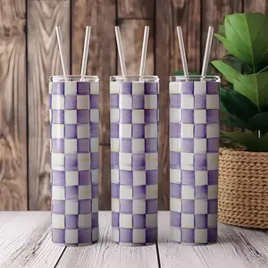 Mackenzie Childs Violet Check Tumblers Blanks Skinny 20 OZ Straight Bulk Stainless Steel Cups with Metal Straw and Lid for Tumbler