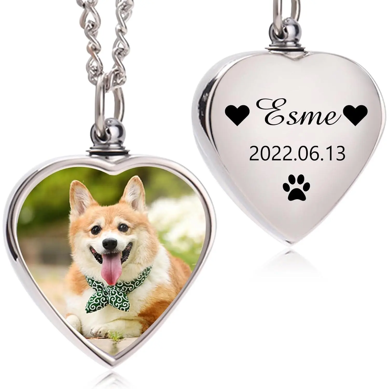 Heart Shape Stainless Steel Inspirational Jewelry - Custom Photo Engraved Double-Sided Pendant Urn, Pet Memorial Keepsake with Text for Dog Lovers