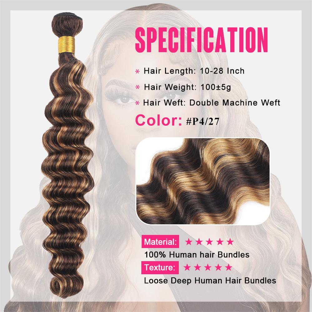 Honey Blonde Highlight Sew In P4/27 Human Hair Bundles  Loose Deep Wave Hair Bundles Ombre Brown Bundles for Quick Weave