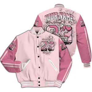 Custom Name Varsity Jacket GS Pearl Pink 12s Number 23 5s All Over Print High-Grade Polyester Snap Closure Elastic Details Side Seam Pockets