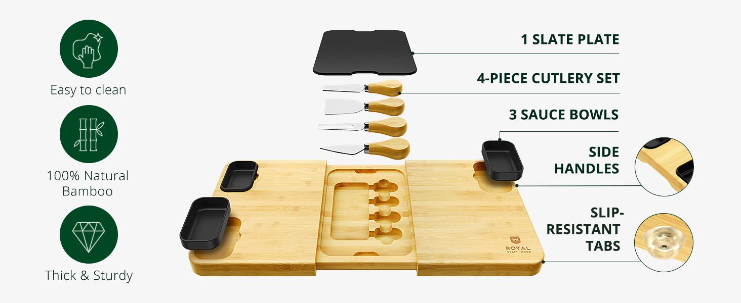 Royal Craft Wood Large Charcuterie Board, Board Set, Large Cheese Platter - Wooden Bamboo Cheese Board & Serving Tray with Cutlery Set- Royal Craft Wood Tableware