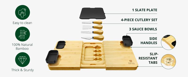 Royal Craft Wood Large Charcuterie Board, Board Set, Large Cheese Platter - Wooden Bamboo Cheese Board & Serving Tray with Cutlery Set- Royal Craft Wood Tableware