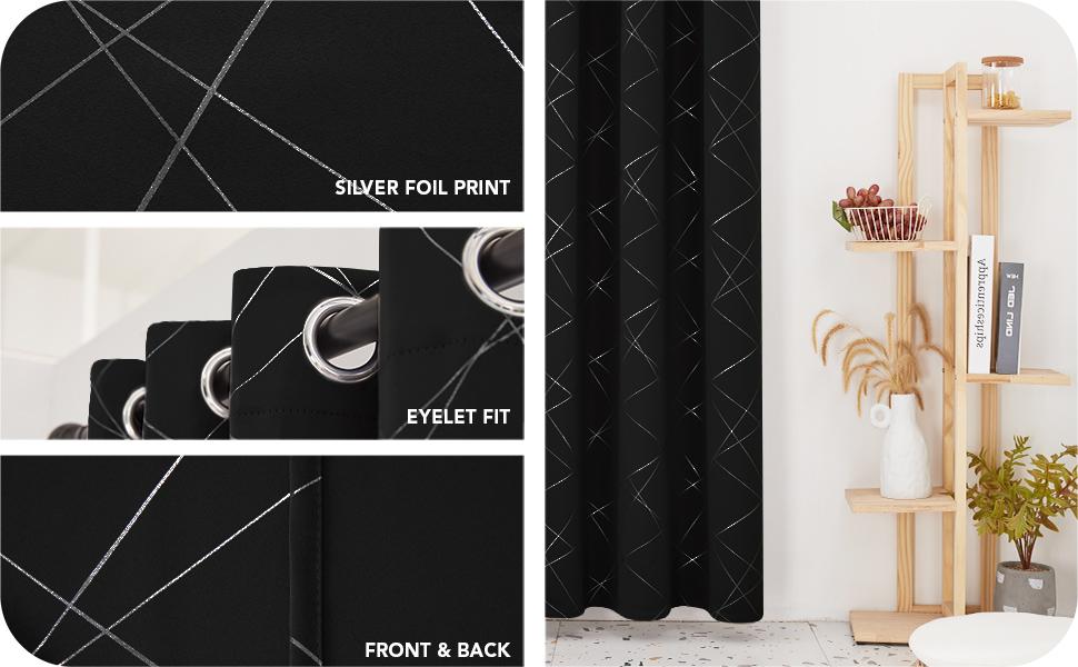 Deconovo Blackout Curtains Silver Parallel Slash Thermal Insulated Noise Reducing Privacy Drapes for Bedroom & Living Room Black Patterned Grommet Top