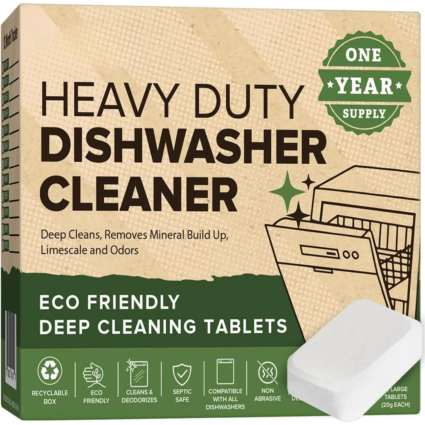 Heavy Duty Dishwasher Cleaner and Deodorizer Tablets, Descaler, Deep Cleaning,  Odor and Smell Remover, Calcium, Limescale, Hard Water Marks, , Septic Safe Pods (12 Tabs - 1  )