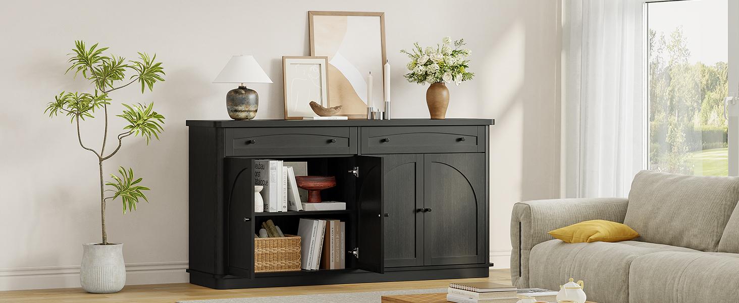 【SPOTLIGHT DAY】ONBRILL 63 Inch Buffet Cabinet with Storage, Curved Sideboard Cabinet with 2 Drawers and 4 Arched Doors, Storage Cabinets with Adjustable Shelves, Sideboard Buffet for Living Room, Kitchen