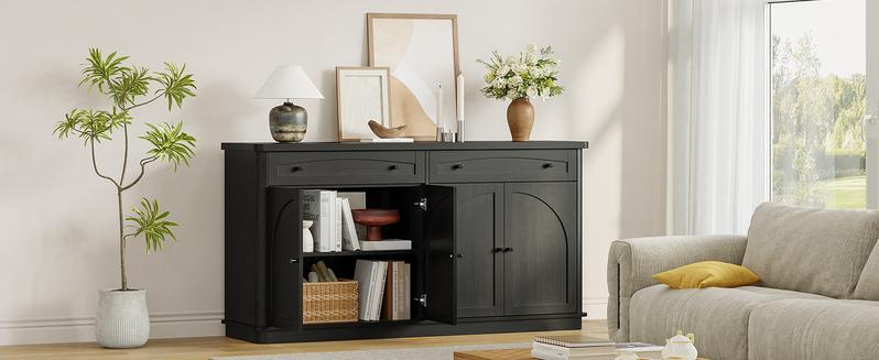 【Valentine's Day Gift】ONBRILL 63 Inch Buffet Cabinet with Storage, Curved Sideboard Cabinet with 2 Drawers and 4 Arched Doors, Storage Cabinets with Adjustable Shelves, Sideboard Buffet for Living Room, Kitchen