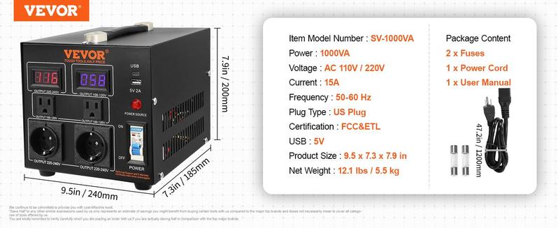 VEVOR Voltage Converter Transformer, TikTokShopBlackFriday, 5000W, Heavy Duty Step Up/Down Transformer, Convert from 110 Volt to 220 Volt and from 220 Volt to 110 Volt, with US Outlet EU Outlet 5V USB Port, CE Certified
