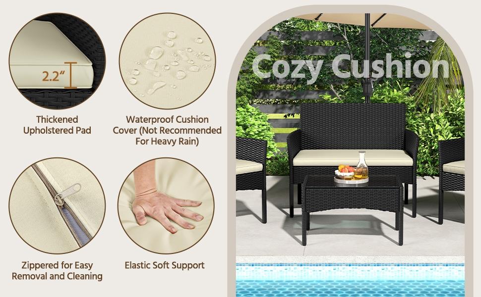 【Crazy Price】Yaheetech 4-Piece Patio Furniture Set Hand-Woven PE Rattan Conversation Set with Soft Cushions & Tempered Glass Table for Backyard Garden Poolside