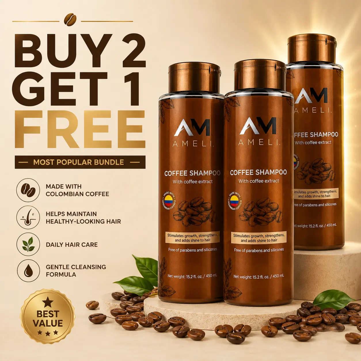 Coffee Shampoo for Thinning Hair | Buy 2 Get 1 Free | Colombian Coffee Hair Care | Ameli