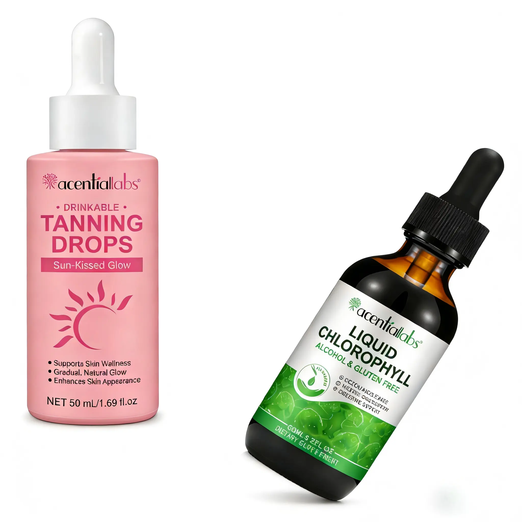Acentiallabs Chlorophyll Liquid Drops & Tanning Supplement Capsules, Glow & Tan Duo for a Healthy Brightening Summer Glow - Antioxidant Detox Support for Adults UK