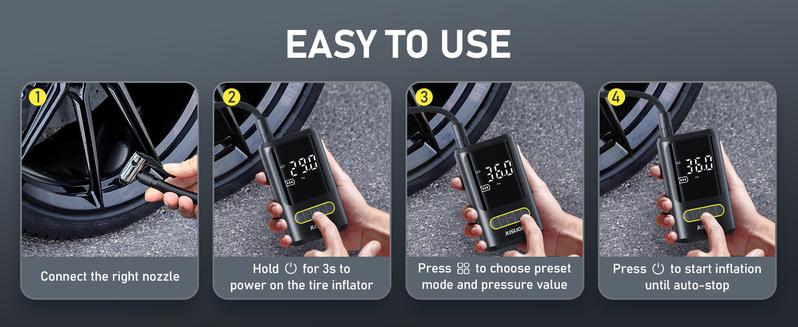 Easy Practical Tire Inflator Portable Air Compressor, 150 PSI Cordless Air Pump for Car Tires with Auto Shut-Off, LED Light and Digital Pressure Gauge, Electric Bike Tire Pump for Cars, Bike, Motorcycle, Ball (CE & FCC Certification)